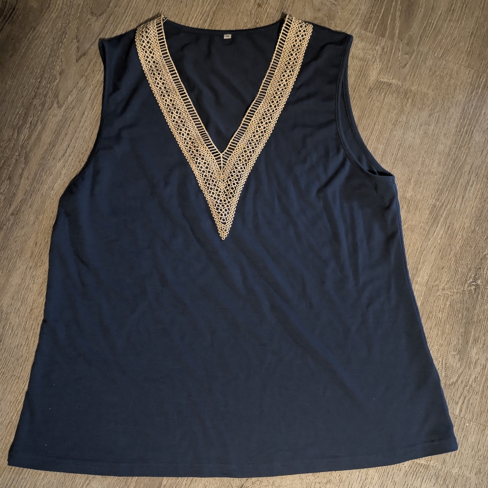 Elegant Navy Sleeveless Top with Lace Detail